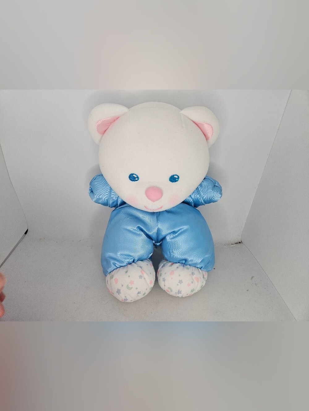Vintage 1992 FISHER PRICE Plush White Blue Satin TEDDY BEAR Stuffed Animal Lovey